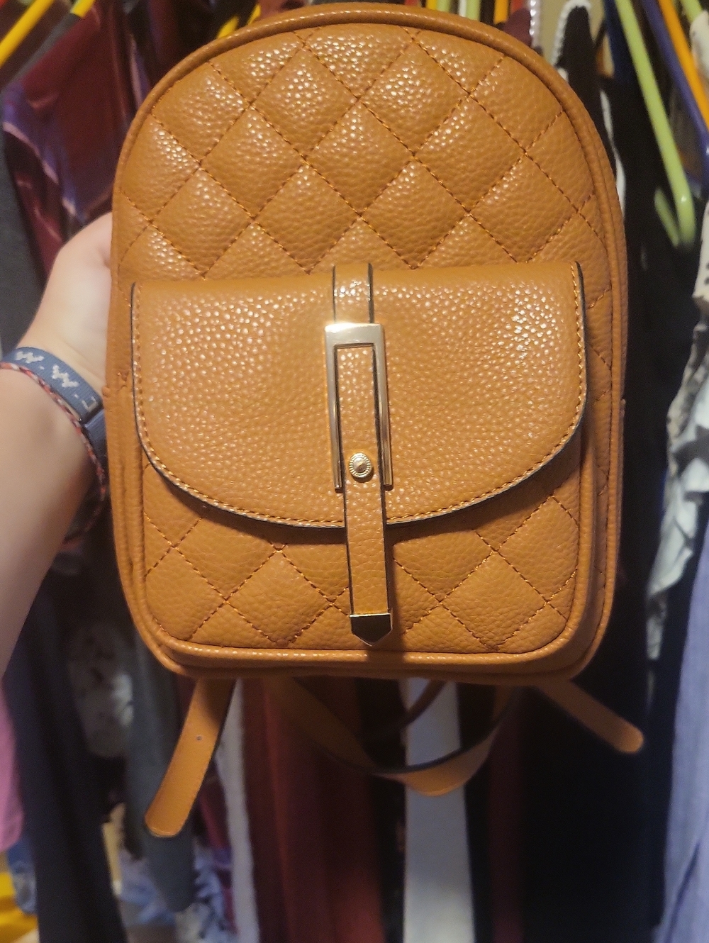 Source Unknown Quilted Tan Mini Backpack with Gold Hardware